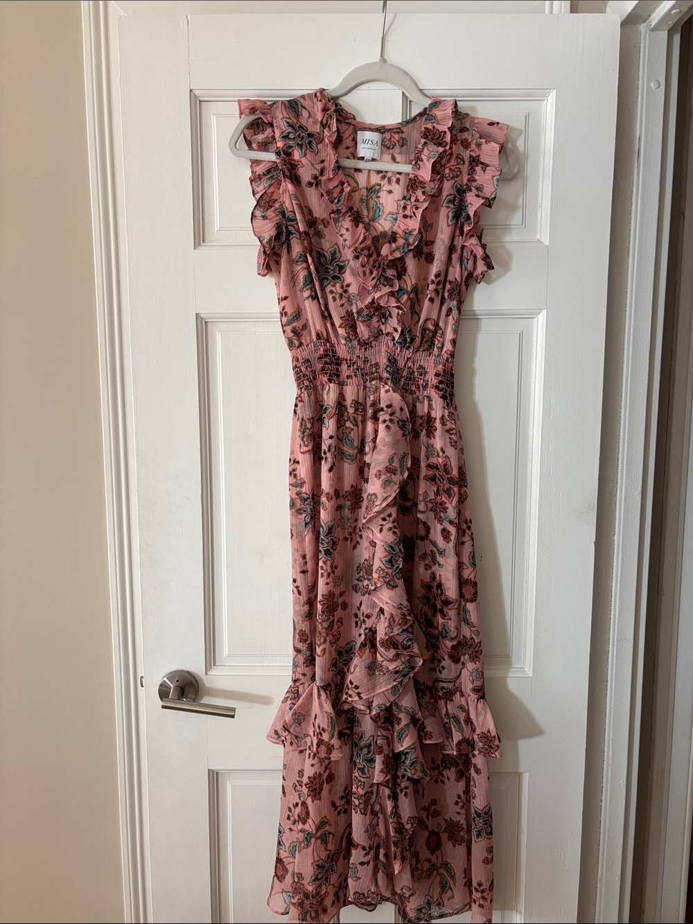 Misa Los Angeles Dusty Pink Floral Ruffle Tiered Maxi Dress